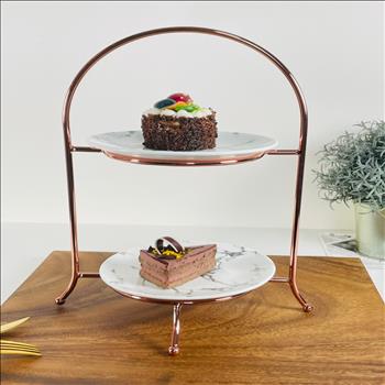迷你型二層特色風格下午茶盤架搭大理石紋盤6吋/蛋糕架/點心架/下午茶架/咖啡廳愛用(玫瑰金) | 展示圖