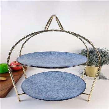 提籃型特色餐盤架搭條紋淺盤/蛋糕架/點心架/下午茶架/(亮金色/黑銀色) | 展示圖