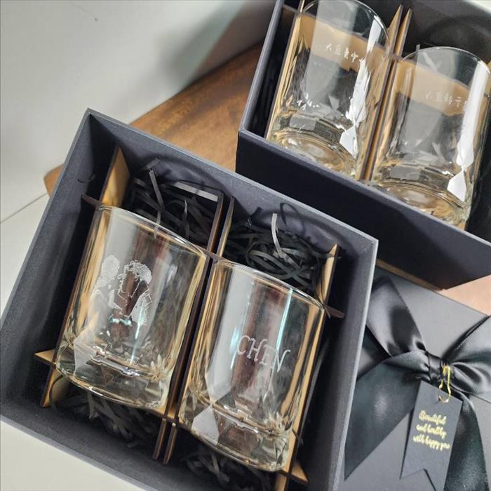 玻璃杯雕刻 Connexion 威士忌酒杯 雙入禮盒 可刻名字 LOGO 附禮盒紙袋 木質賀卡 | 展示圖