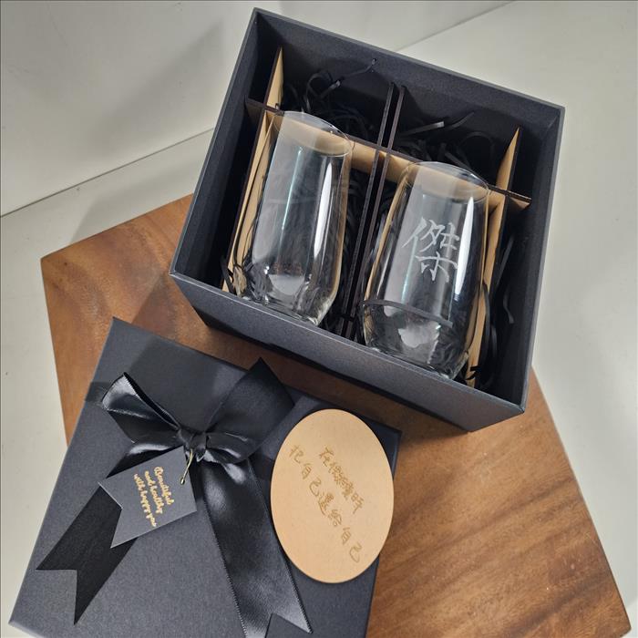玻璃杯雕刻  高球杯 雙入禮盒 高款橢圓威士忌杯  可刻名字 LOGO 附禮盒紙袋 木質賀卡 | 展示圖